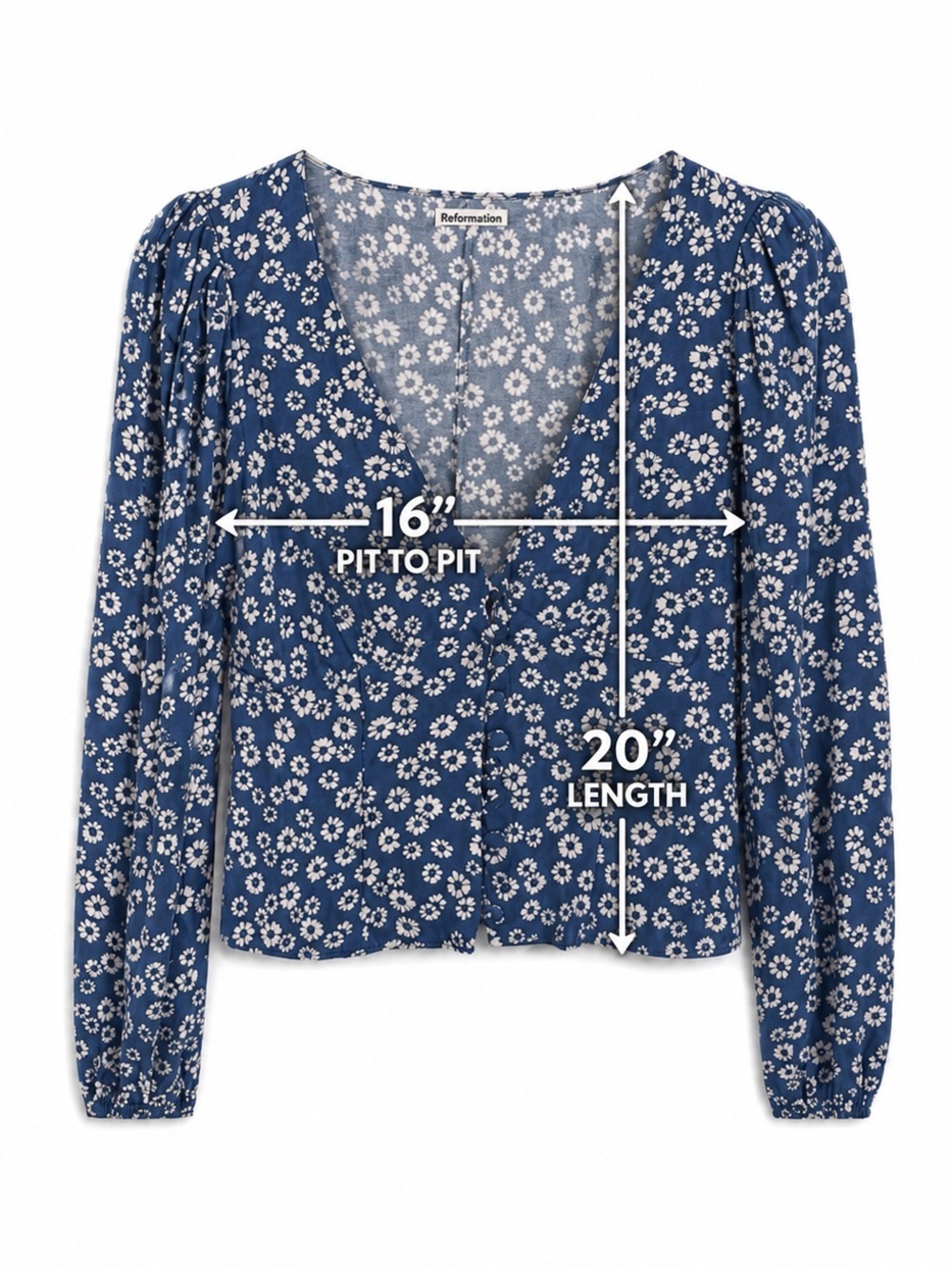 Reformation Floral Blue Top Long Sleeve Button Front V Neck Size XS - Picture 5 of 10